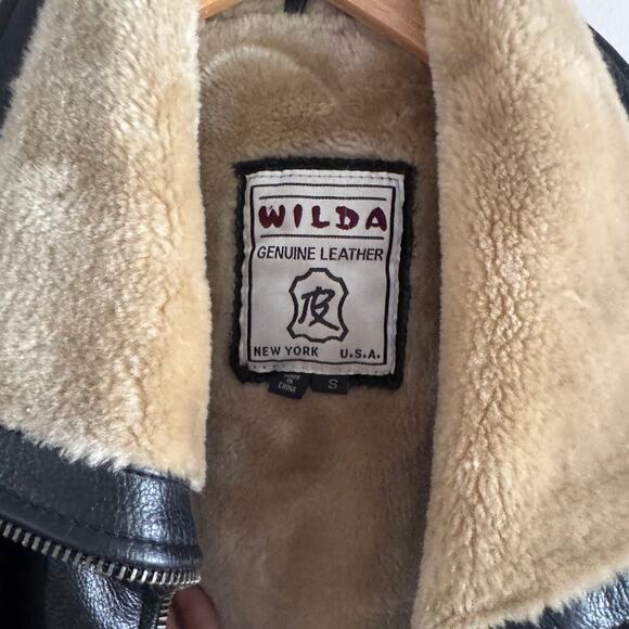 Vintage Wilda Genuine Leather Shearling Lined Black Flight Bomber Jacket Small - Picture 2 of 9